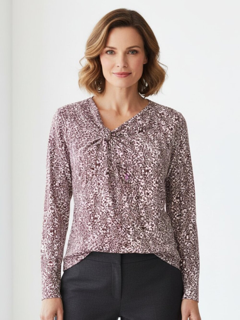 Ann Taylor LP Women's Top Burgundy White Twist Knotted Casual Office V Neck Mod
